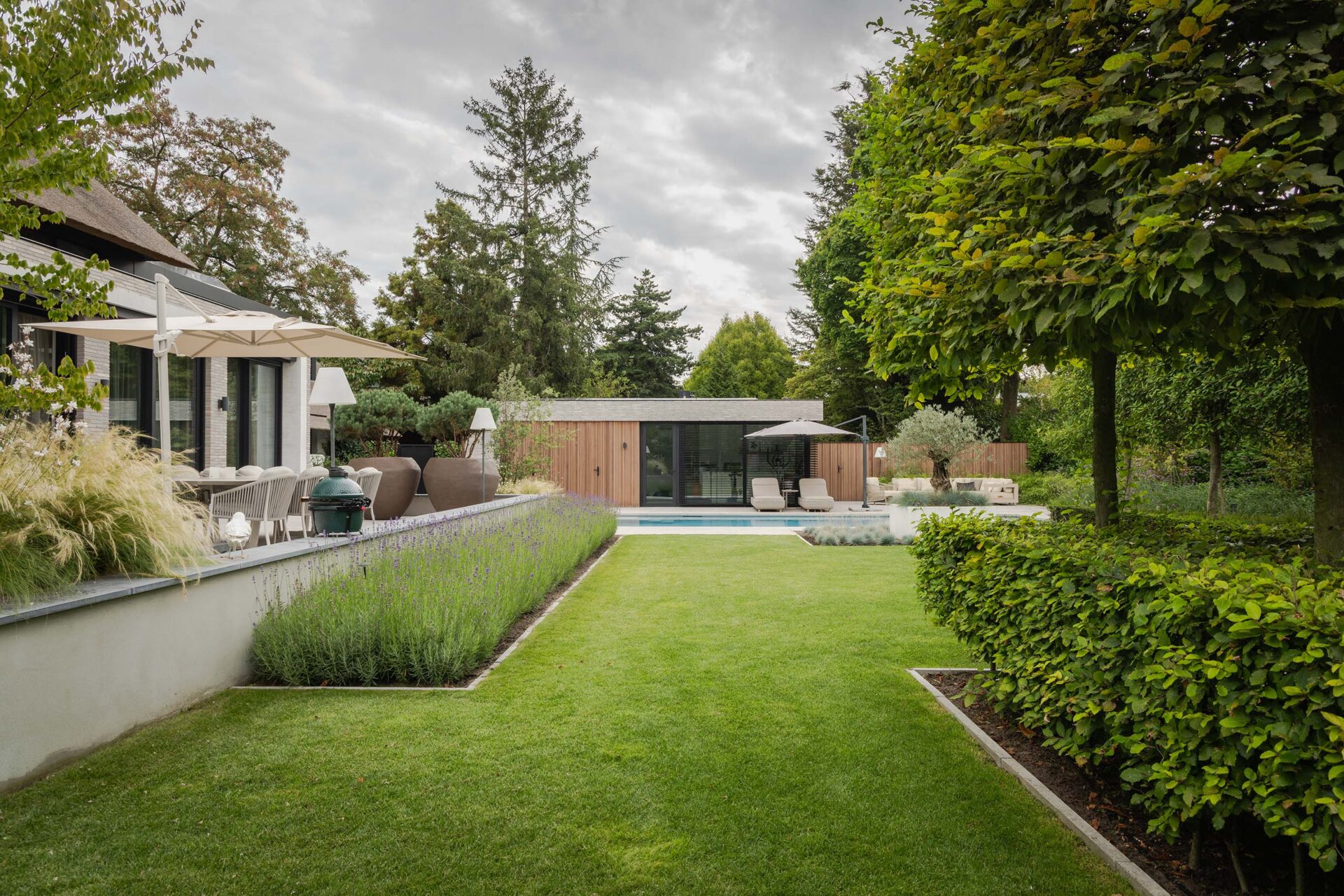 Villatuin Rosmalen met zicht over gazon langs een strook Lavendel met op de achtergrond het zwembad en de poolhouse. 