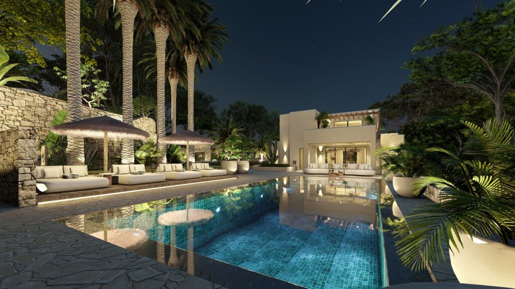 Moderne villa Ibiza met zicht op zwembad en palmbomen in rij.